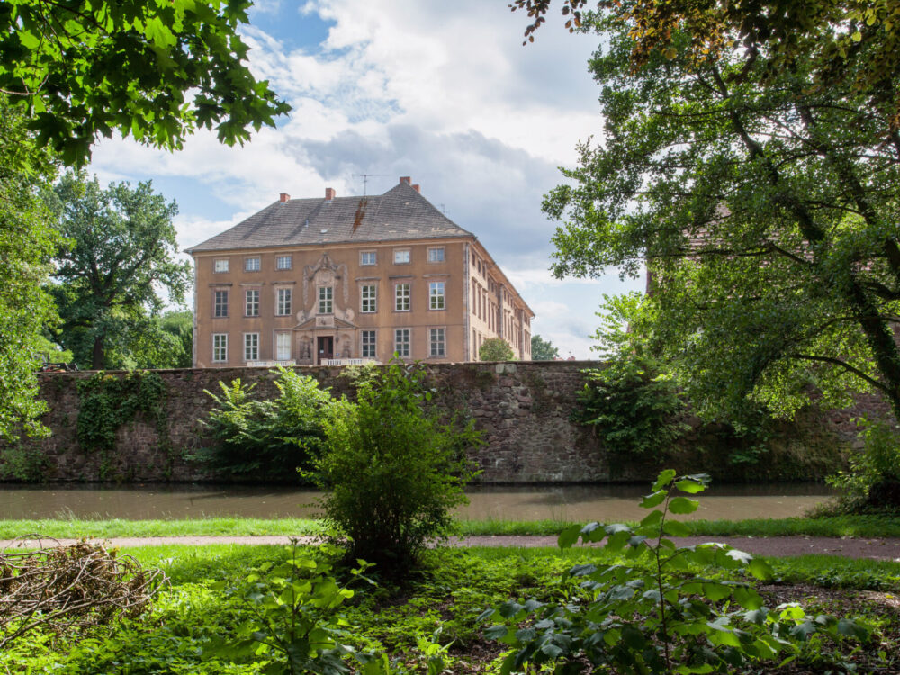 Schloss Ostrau aus der Froschperspektive vom Wasser her gesehen, hinter einer Mauer.