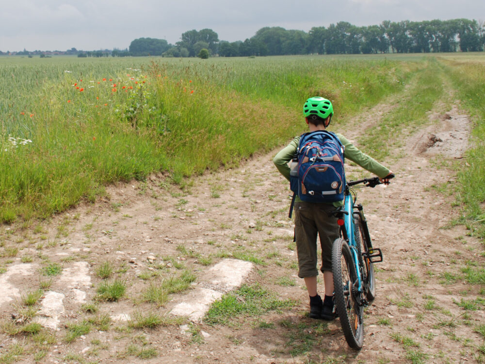 Junge mit Rad-Helm, Rucksack und Mountainbike blickt auf einen Feldweg, links Feld und im Hintergrund Bäume.